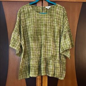 Easel Olive Plaid Sleeve & Hem Ruffle Blouse w/Intentional Dye Splotches